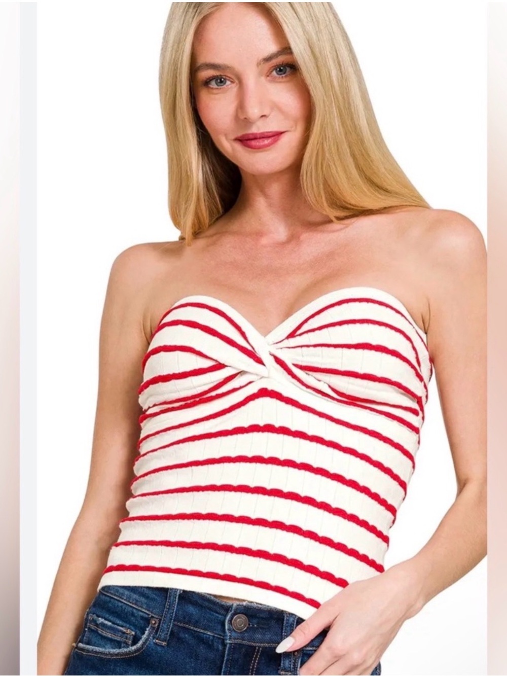 Zenana Outfitters Red and White Striped Knit Tube Top